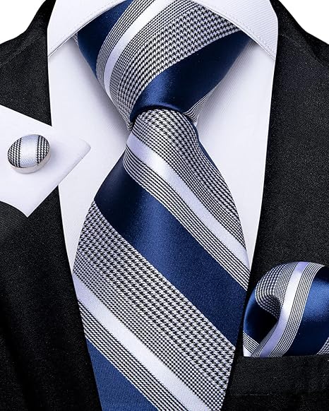 2PCS Set for Father and Son Tie Silk Mens and Boys Adjustable Necktie & Pocket Square Cufflinks Kids Pre-tied Necktie(Blue and Grey Striped)