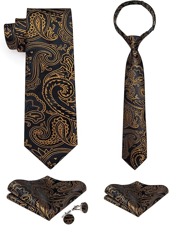 2PCS Set for Father and Son Tie Silk Mens and Boys Adjustable Necktie & Pocket Square Cufflinks Kids Pre-tied Necktie(Black Gold Paisley)