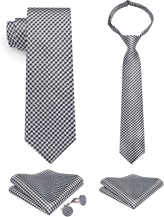 2PCS Set for Father and Son Tie Silk Mens and Boys Adjustable Necktie & Pocket Square Cufflinks Kids Pre-tied Necktie(Black and White Plaid)