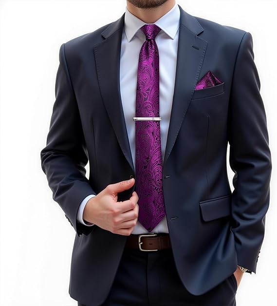 Silk Floral Ties for Men Woven Paisley Necktie and Tie Clip Handkerchief Cufflinks Set for Party Wedding(Magenta)