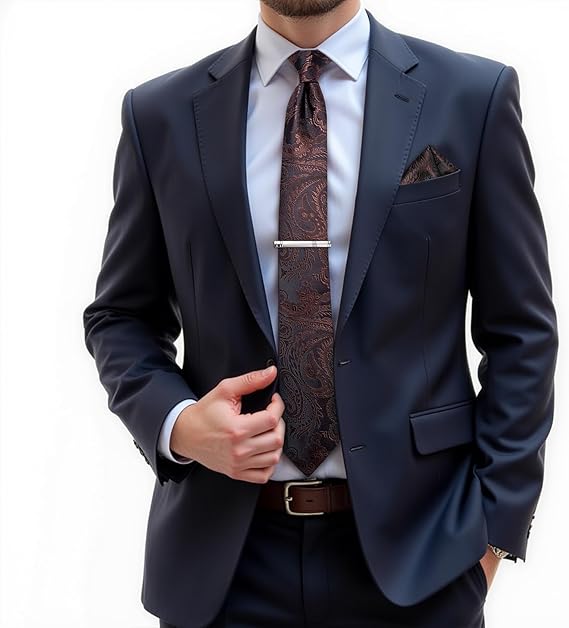 Silk Floral Ties for Men Woven Paisley Necktie and Tie Clip Handkerchief Cufflinks Set for Party Wedding(Brown Paisley)