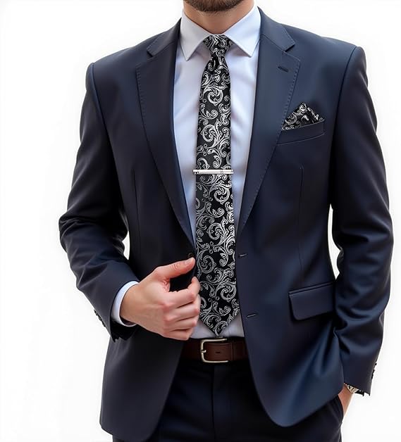Silk Floral Ties for Men Woven Paisley Necktie and Tie Clip Handkerchief Cufflinks Set for Party Wedding(Black and Silver)