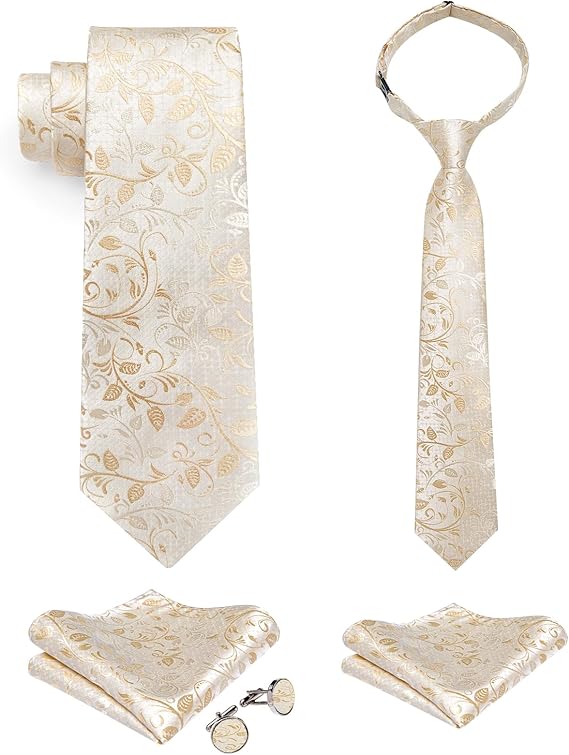 2PCS Set for Father and Son Tie Silk Mens and Boys Adjustable Necktie & Pocket Square Cufflinks Kids Pre-tied Necktie(Champagne Floral)