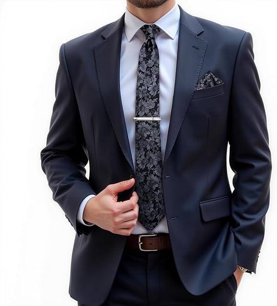 Silk Floral Ties for Men Woven Paisley Necktie and Tie Clip Handkerchief Cufflinks Set for Party Wedding(Black and Grey)