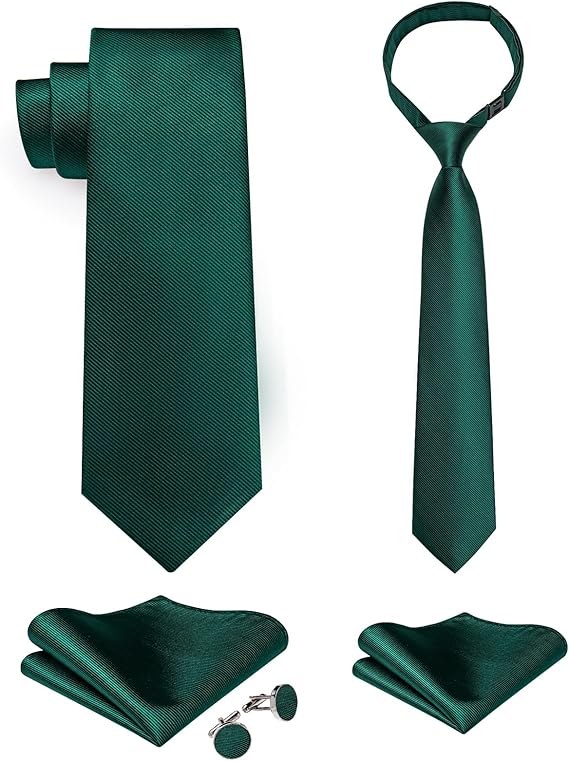 2PCS Set for Father and Son Tie Silk Mens and Boys Adjustable Necktie & Pocket Square Cufflinks Kids Pre-tied Necktie(Emerald Green)
