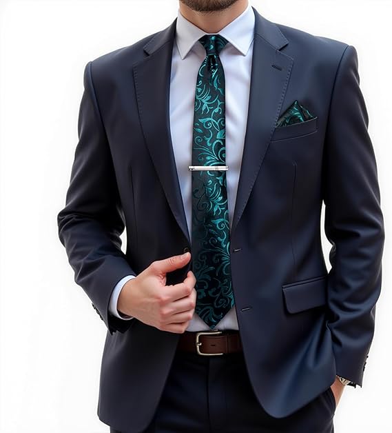 Silk Floral Ties for Men Woven Paisley Necktie and Tie Clip Handkerchief Cufflinks Set for Party Wedding(Black and Teal)