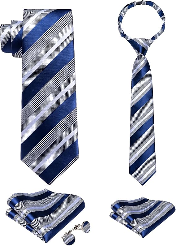 2PCS Set for Father and Son Tie Silk Mens and Boys Adjustable Necktie & Pocket Square Cufflinks Kids Pre-tied Necktie(Blue and Grey Striped)