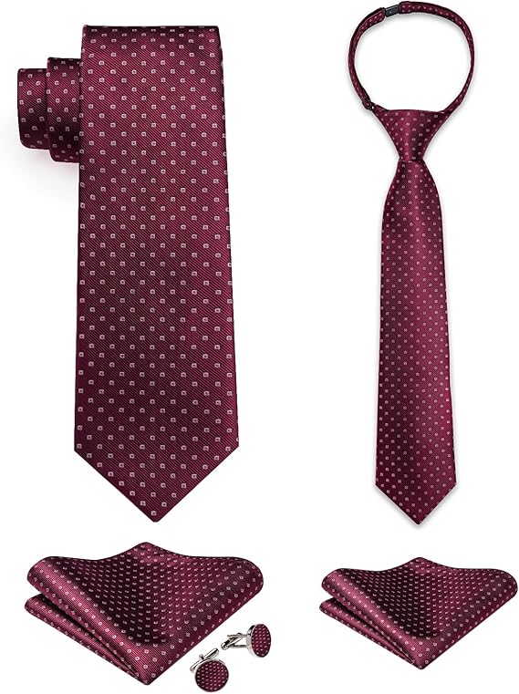 2PCS Set for Father and Son Tie Silk Mens and Boys Adjustable Necktie & Pocket Square Cufflinks Kids Pre-tied Necktie(Burgundy Dots)