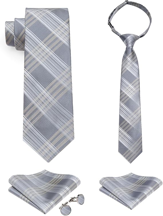 2PCS Set for Father and Son Tie Silk Mens and Boys Adjustable Necktie & Pocket Square Cufflinks Kids Pre-tied Necktie(Grey Plaid)