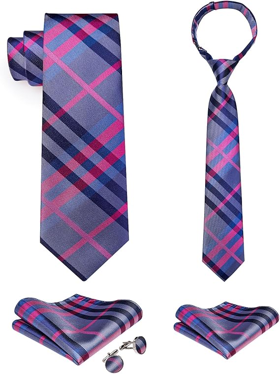 2PCS Set for Father and Son Tie Silk Mens and Boys Adjustable Necktie & Pocket Square Cufflinks Kids Pre-tied Necktie(Blue and Hot Pink)