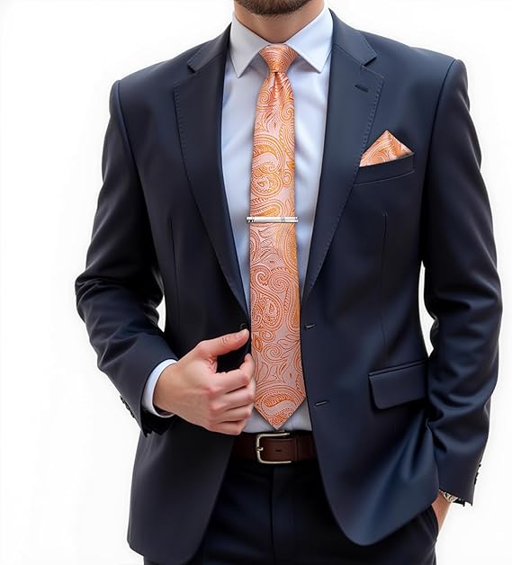 Silk Floral Ties for Men Woven Paisley Necktie and Tie Clip Handkerchief Cufflinks Set for Party Wedding(Coral Paisley)