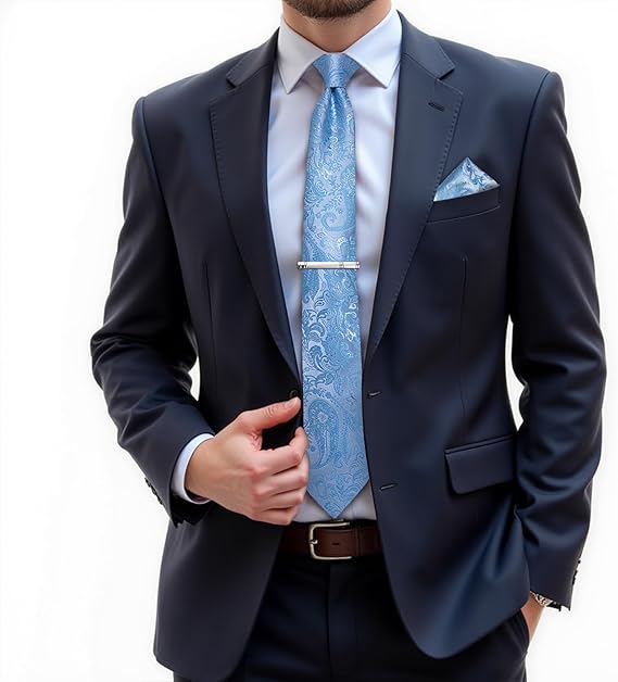 Silk Floral Ties for Men Woven Paisley Necktie and Tie Clip Handkerchief Cufflinks Set for Party Wedding(Light Blue Paisley)