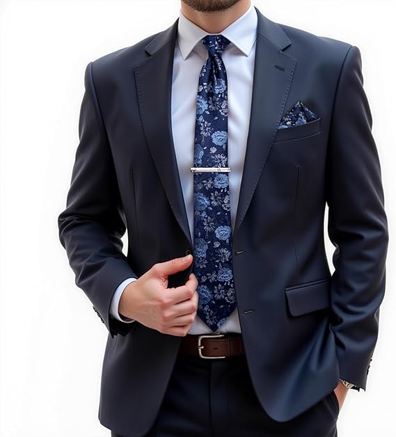 Silk Floral Ties for Men Woven Paisley Necktie and Tie Clip Handkerchief Cufflinks Set for Party Wedding(Navy Blue)