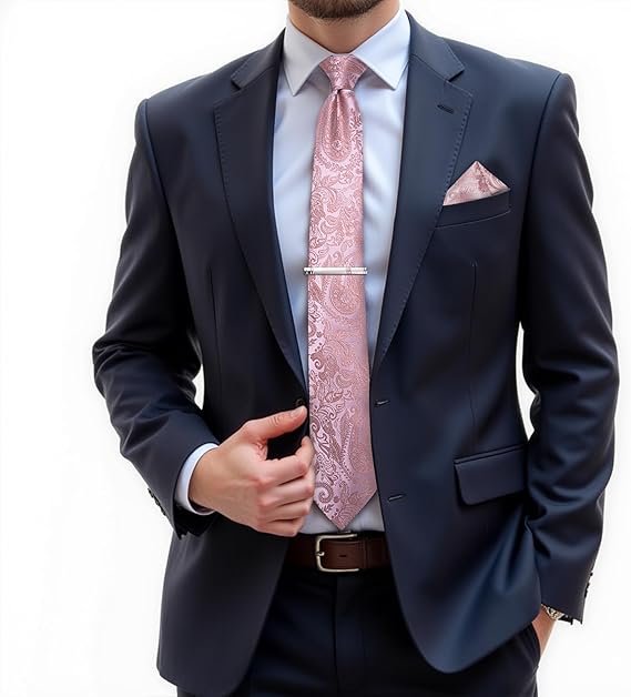 Silk Floral Ties for Men Woven Paisley Necktie and Tie Clip Handkerchief Cufflinks Set for Party Wedding(Blush Pink Paisley)