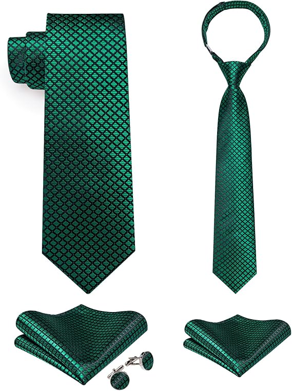 2PCS Set for Father and Son Tie Silk Mens and Boys Adjustable Necktie & Pocket Square Cufflinks Kids Pre-tied Necktie(Emerald Green Plaid)