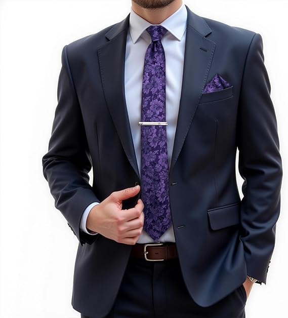 Silk Floral Ties for Men Woven Paisley Necktie and Tie Clip Handkerchief Cufflinks Set for Party Wedding(Purple)