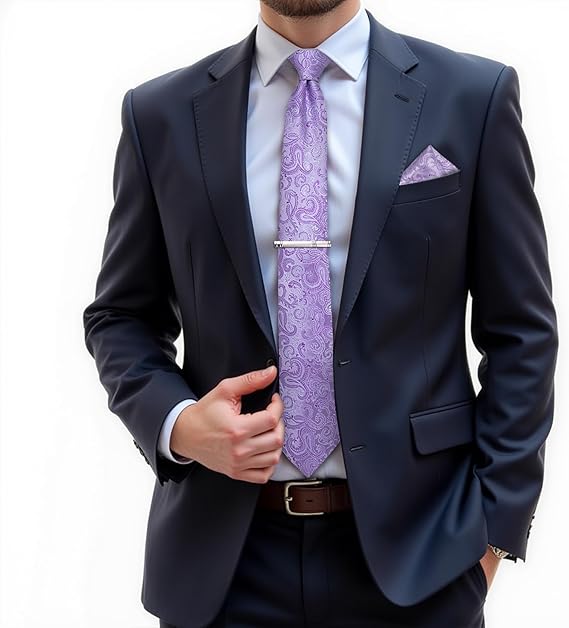 Silk Floral Ties for Men Woven Paisley Necktie and Tie Clip Handkerchief Cufflinks Set for Party Wedding(Lavender Purple)