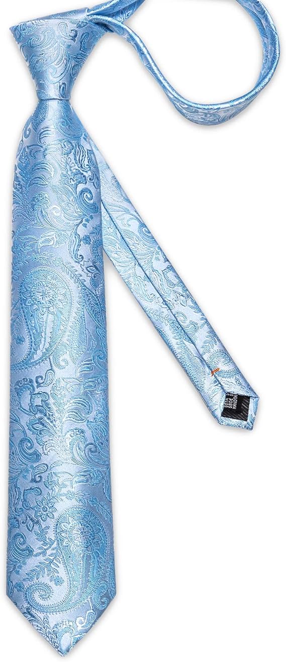 Silk Floral Ties for Men Woven Paisley Necktie and Tie Clip Handkerchief Cufflinks Set for Party Wedding(Light Blue Paisley)