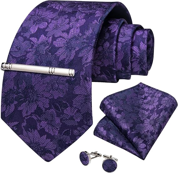 Silk Floral Ties for Men Woven Paisley Necktie and Tie Clip Handkerchief Cufflinks Set for Party Wedding(Purple)