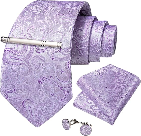 Silk Floral Ties for Men Woven Paisley Necktie and Tie Clip Handkerchief Cufflinks Set for Party Wedding(Lavender Purple)