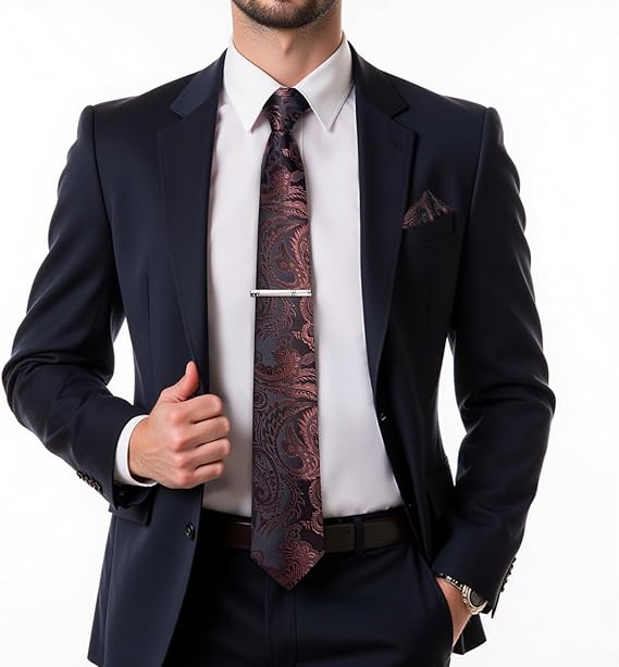 Silk Floral Ties for Men Woven Paisley Necktie and Tie Clip Handkerchief Cufflinks Set for Party Wedding(Brown Paisley)