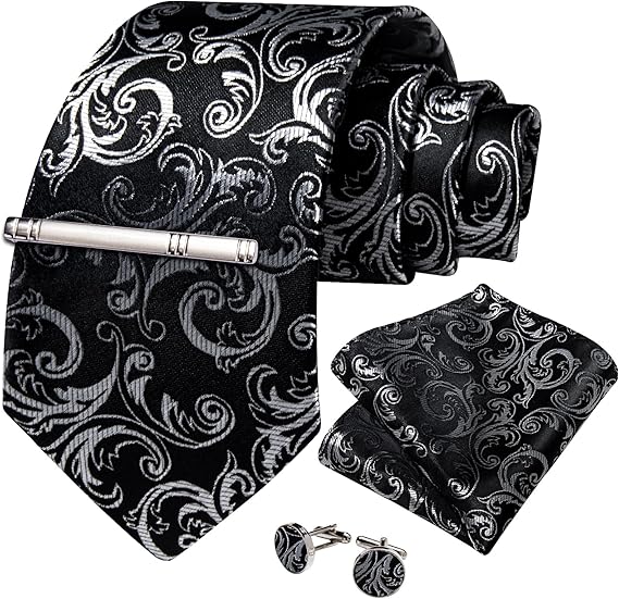 Silk Floral Ties for Men Woven Paisley Necktie and Tie Clip Handkerchief Cufflinks Set for Party Wedding(Black and Silver)
