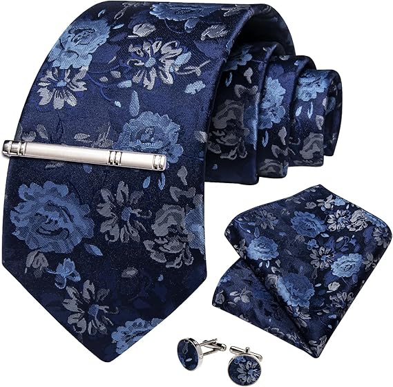 Silk Floral Ties for Men Woven Paisley Necktie and Tie Clip Handkerchief Cufflinks Set for Party Wedding(Navy Blue)