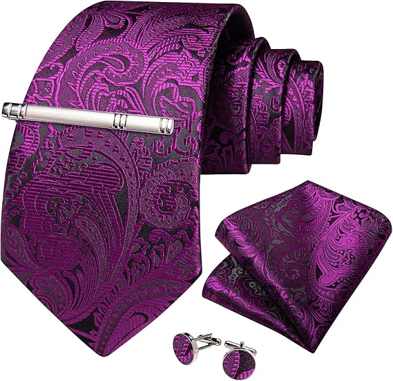 Silk Floral Ties for Men Woven Paisley Necktie and Tie Clip Handkerchief Cufflinks Set for Party Wedding(Magenta)