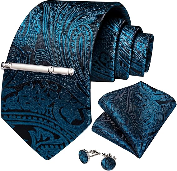 Silk Floral Ties for Men Woven Paisley Necktie and Tie Clip Handkerchief Cufflinks Set for Party Wedding(Teal and Black)