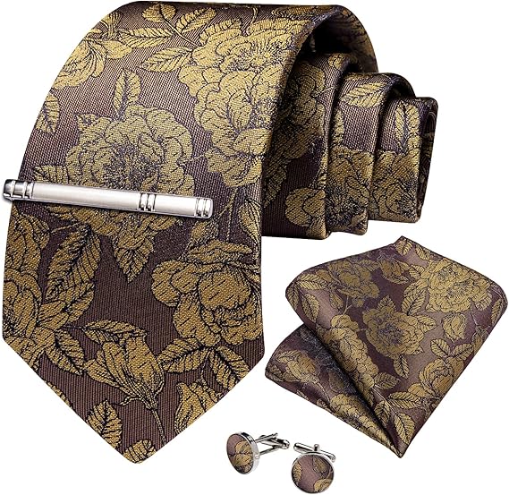 Silk Floral Ties for Men Woven Paisley Necktie and Tie Clip Handkerchief Cufflinks Set for Party Wedding(Brown and Yellow)