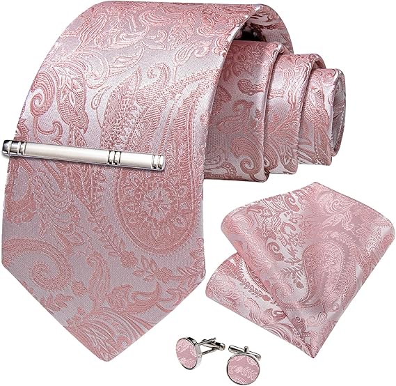 Silk Floral Ties for Men Woven Paisley Necktie and Tie Clip Handkerchief Cufflinks Set for Party Wedding(Blush Pink Paisley)