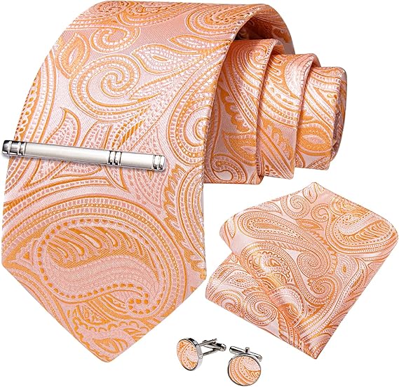 Silk Floral Ties for Men Woven Paisley Necktie and Tie Clip Handkerchief Cufflinks Set for Party Wedding(Coral Paisley)