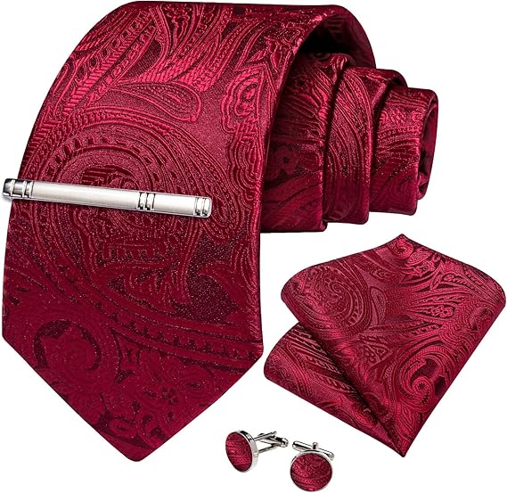 Silk Floral Ties for Men Woven Paisley Necktie and Tie Clip Handkerchief Cufflinks Set for Party Wedding(Burgundy)