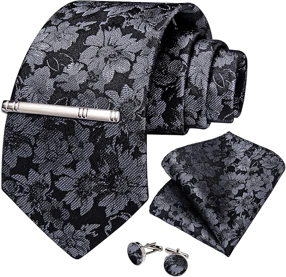 Silk Floral Ties for Men Woven Paisley Necktie and Tie Clip Handkerchief Cufflinks Set for Party Wedding(Black and Grey)