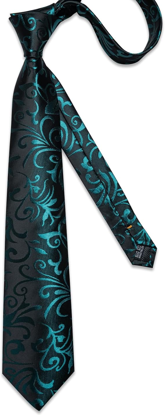 Silk Floral Ties for Men Woven Paisley Necktie and Tie Clip Handkerchief Cufflinks Set for Party Wedding(Black and Teal)
