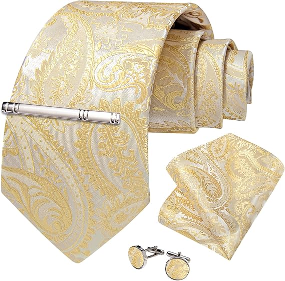 Silk Floral Ties for Men Woven Paisley Necktie and Tie Clip Handkerchief Cufflinks Set for Party Wedding( Light Yellow Paisley)