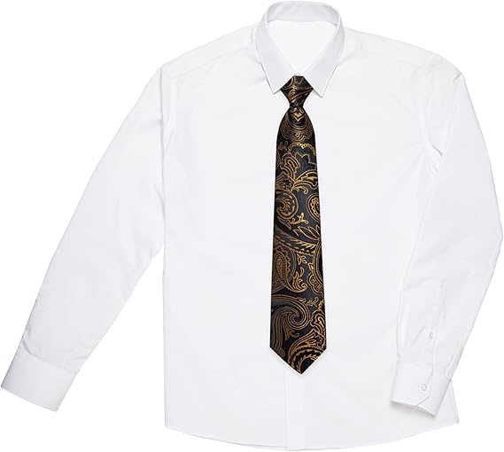 2PCS Set for Father and Son Tie Silk Mens and Boys Adjustable Necktie & Pocket Square Cufflinks Kids Pre-tied Necktie(Black Gold Paisley)