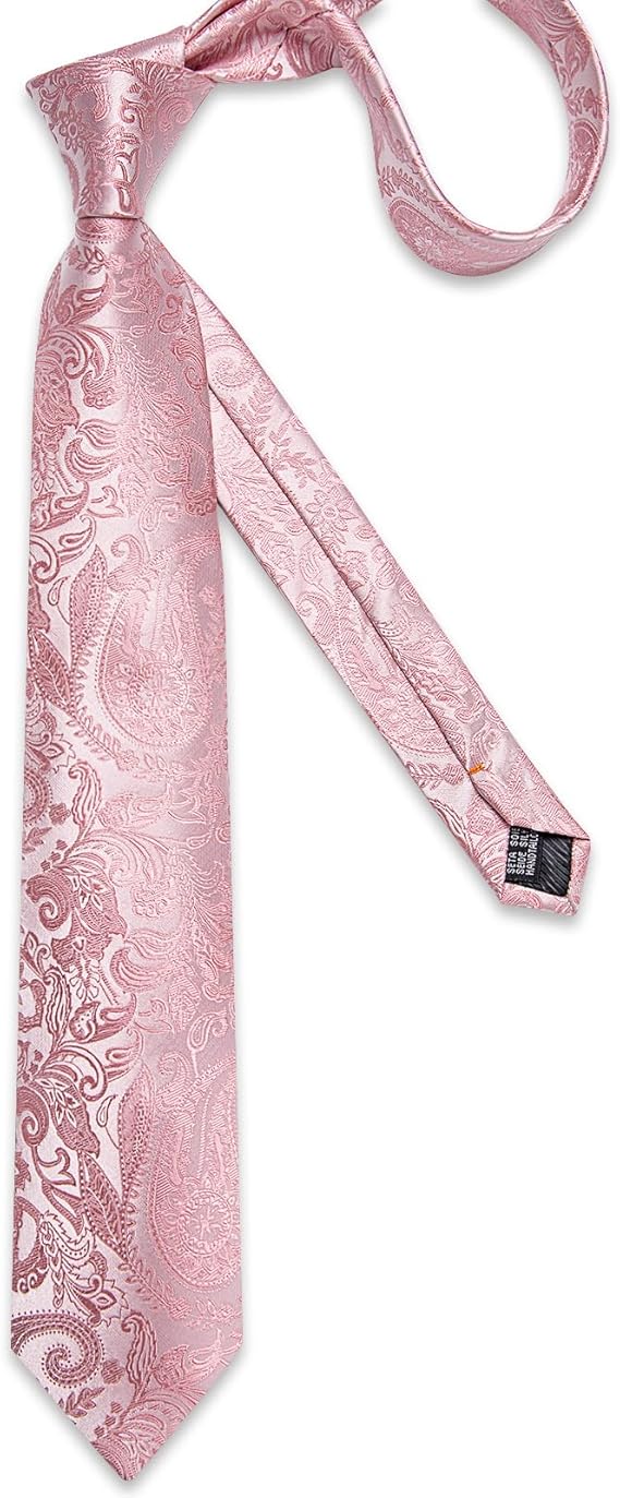 Silk Floral Ties for Men Woven Paisley Necktie and Tie Clip Handkerchief Cufflinks Set for Party Wedding(Blush Pink Paisley)