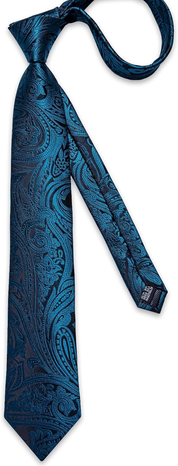 Silk Floral Ties for Men Woven Paisley Necktie and Tie Clip Handkerchief Cufflinks Set for Party Wedding(Teal and Black)