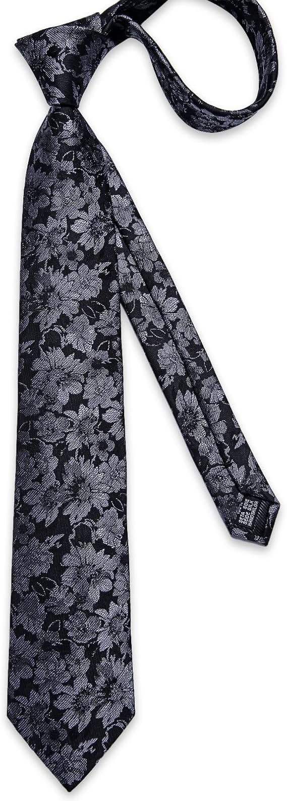 Silk Floral Ties for Men Woven Paisley Necktie and Tie Clip Handkerchief Cufflinks Set for Party Wedding(Black and Grey)