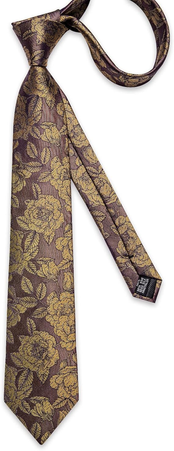 Silk Floral Ties for Men Woven Paisley Necktie and Tie Clip Handkerchief Cufflinks Set for Party Wedding(Brown and Yellow)