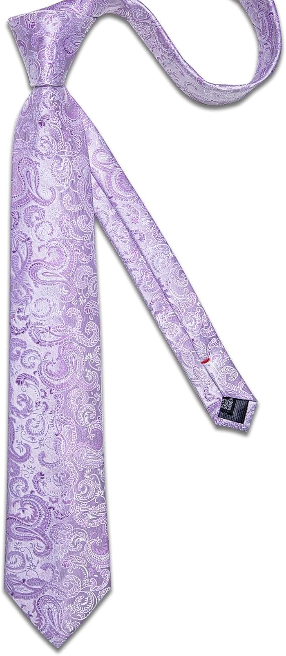 Silk Floral Ties for Men Woven Paisley Necktie and Tie Clip Handkerchief Cufflinks Set for Party Wedding(Lavender Purple)