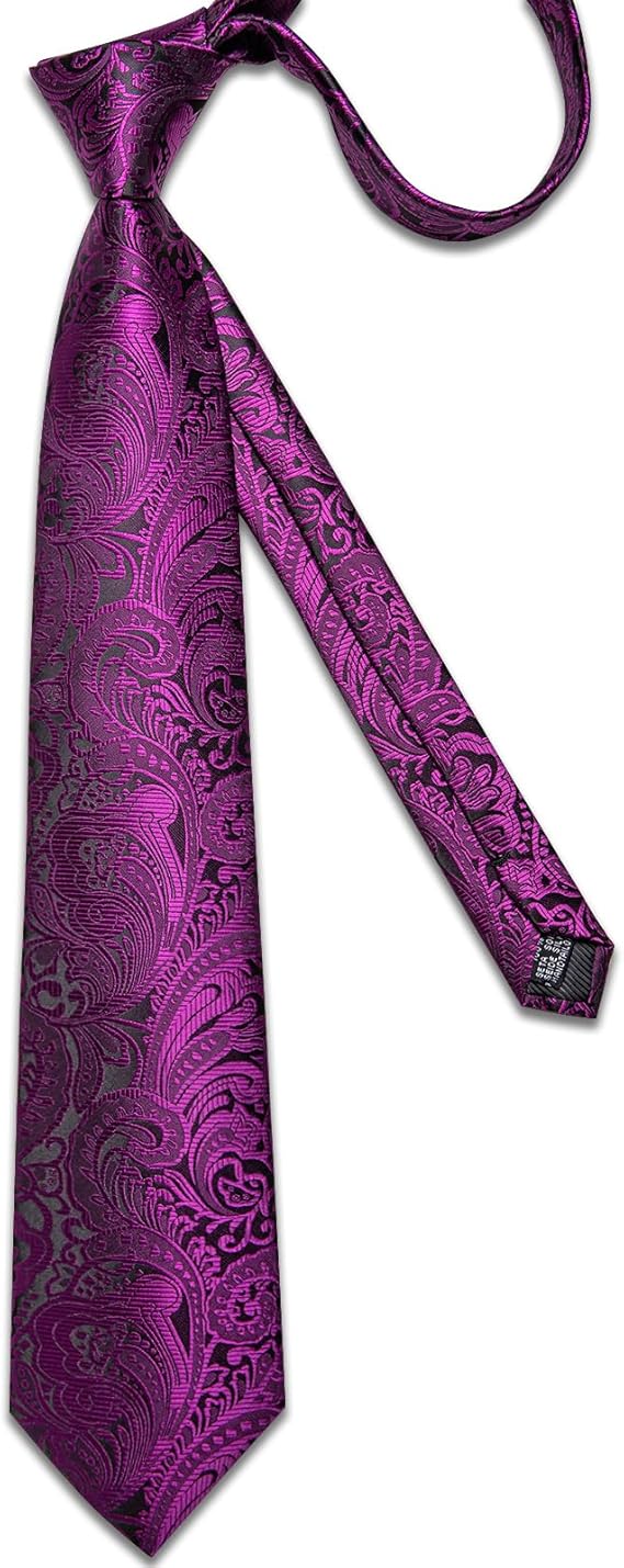 Silk Floral Ties for Men Woven Paisley Necktie and Tie Clip Handkerchief Cufflinks Set for Party Wedding(Magenta)