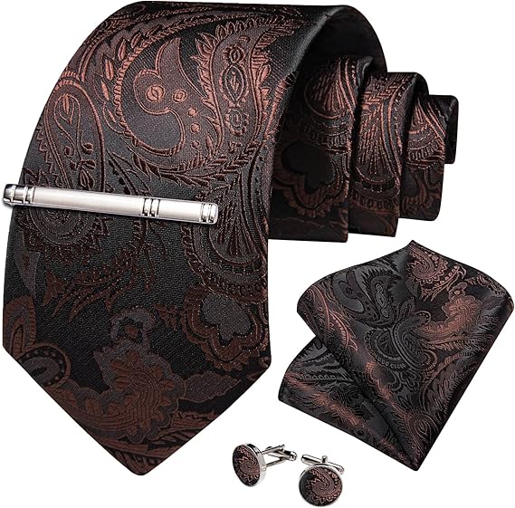 Silk Floral Ties for Men Woven Paisley Necktie and Tie Clip Handkerchief Cufflinks Set for Party Wedding(Brown Paisley)