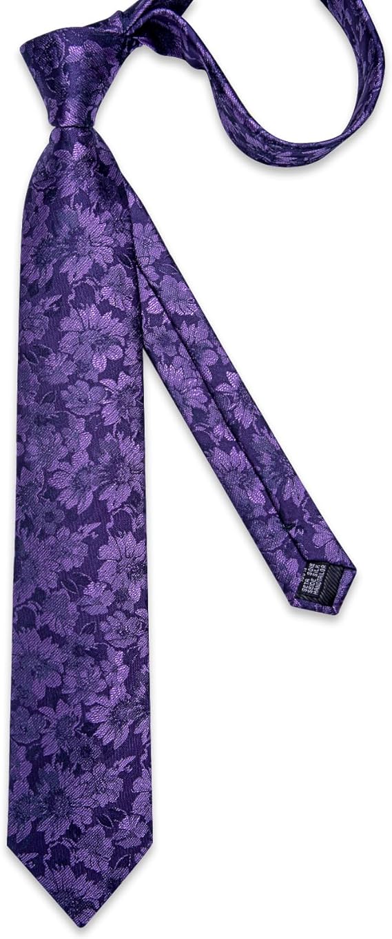 Silk Floral Ties for Men Woven Paisley Necktie and Tie Clip Handkerchief Cufflinks Set for Party Wedding(Purple)
