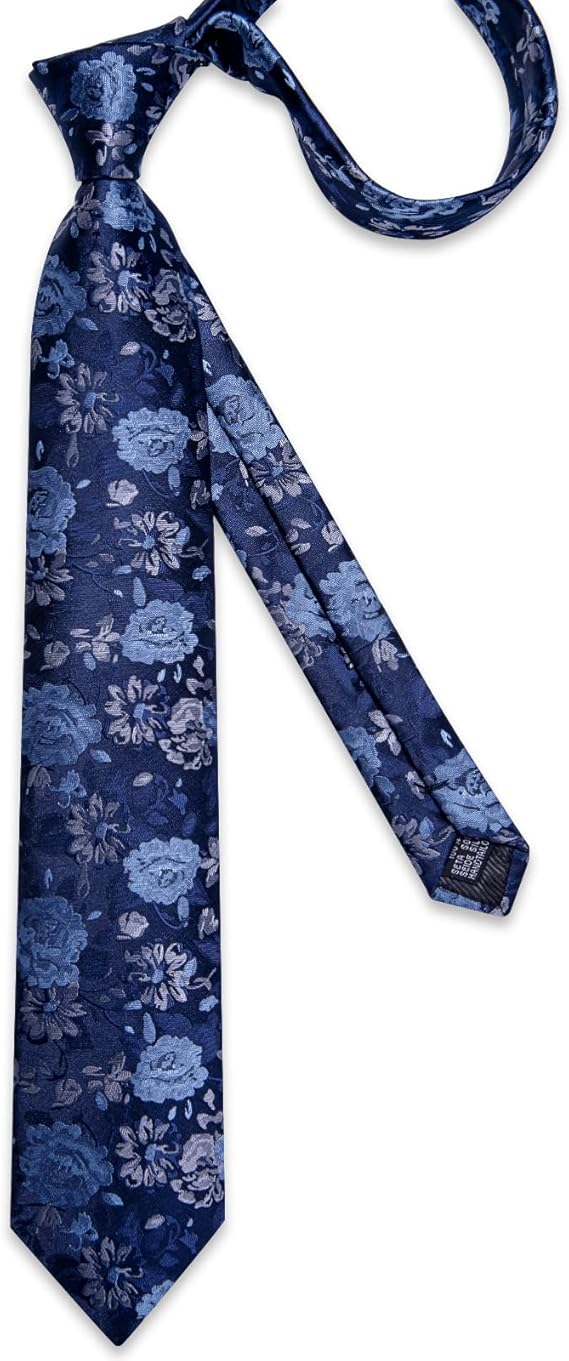 Silk Floral Ties for Men Woven Paisley Necktie and Tie Clip Handkerchief Cufflinks Set for Party Wedding(Navy Blue)