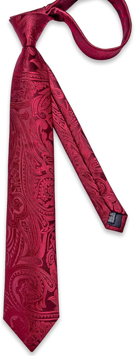 Silk Floral Ties for Men Woven Paisley Necktie and Tie Clip Handkerchief Cufflinks Set for Party Wedding(Burgundy)