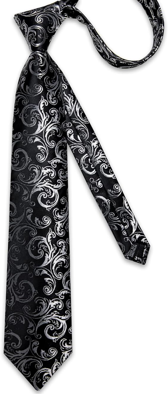 Silk Floral Ties for Men Woven Paisley Necktie and Tie Clip Handkerchief Cufflinks Set for Party Wedding(Black and Silver)