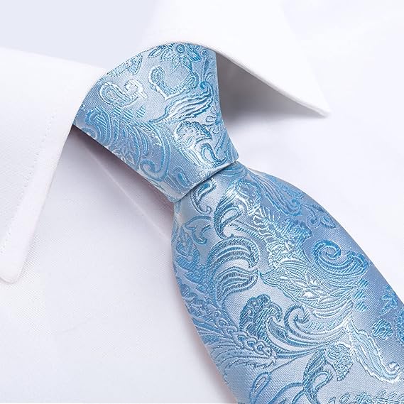 Silk Floral Ties for Men Woven Paisley Necktie and Tie Clip Handkerchief Cufflinks Set for Party Wedding(Light Blue Paisley)