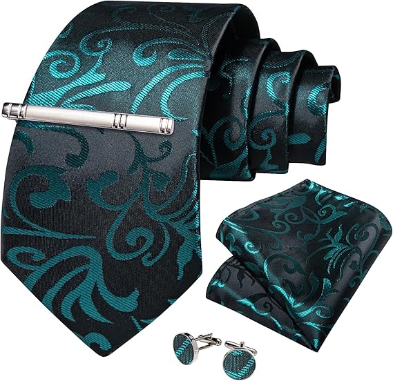 Silk Floral Ties for Men Woven Paisley Necktie and Tie Clip Handkerchief Cufflinks Set for Party Wedding(Black and Teal)